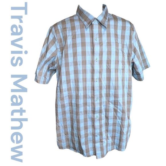 Travis Mathew Mens Plaid Check Short Sleeve Button Up Shirt Blue Gray Size Large - Picture 1 of 11